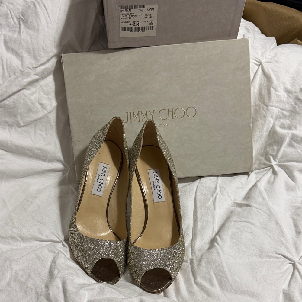Jimmy Choo Gold Glitter Peep-Toe Heels